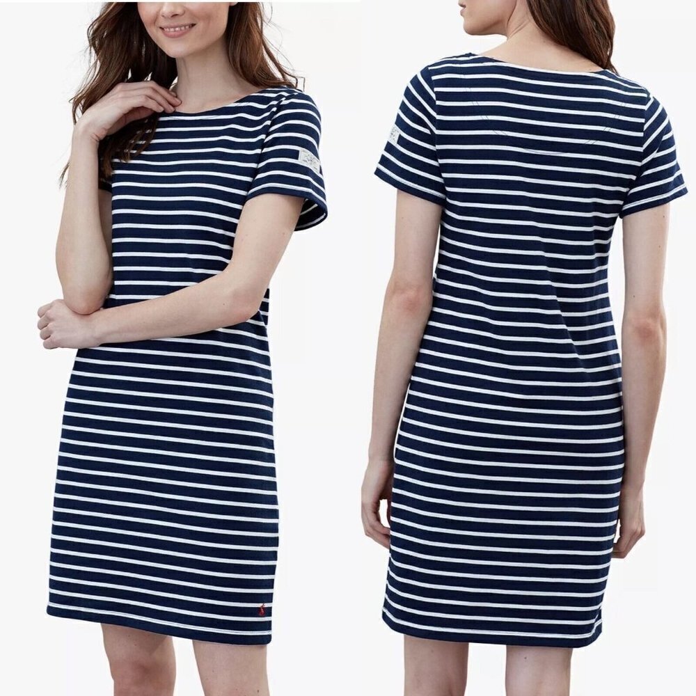 Joules Riviera Short Sleeve Jersey Dress Navy Cream Stripe Nautical